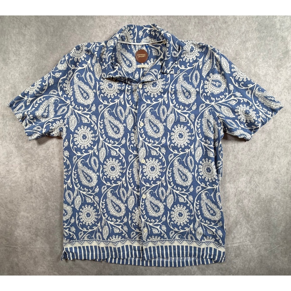 Common People Mens XL Cabra Shirt Linen Blend Blue Paisley Camp Collar